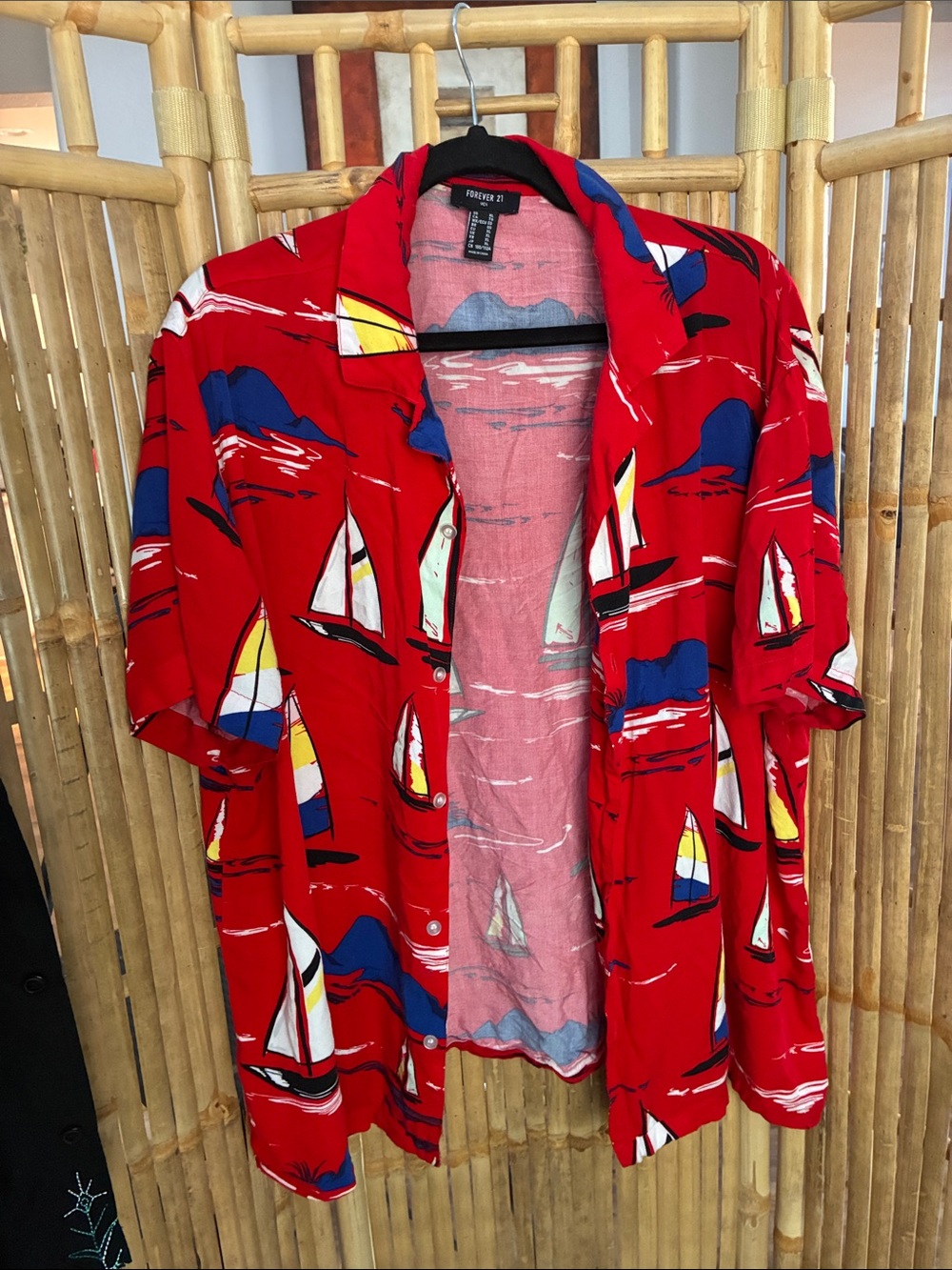 Forever 21 Red Sailboat Print Short-Sleeve Shirt Jacket